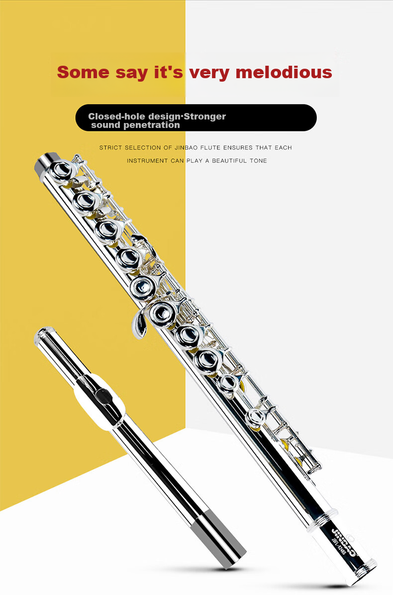 Jinbao Flute Instrument JBFL-6248S Closed Hole 16-Hole C Key for Adults, Students, School Bands, Universal Western Flute 6