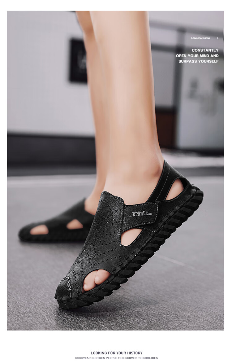Bull Family Leather Sandals Summer Beach Shoes Men's Driving Outdoor Casual Trendy Soft Leather Soft Sole Handmade Hole Sandals 10
