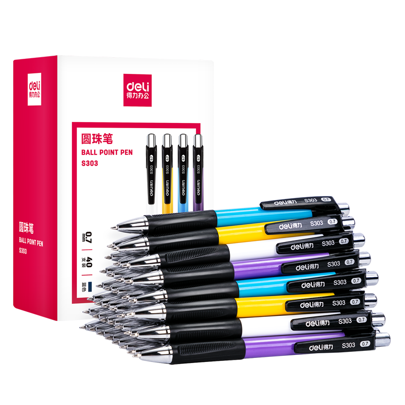 Deli Ballpoint Pen, Medium Oil Pen, 0.7mm Bullet Tip, Retractable Pen, Office Supplies, Blue, 40 Pieces/box, S303