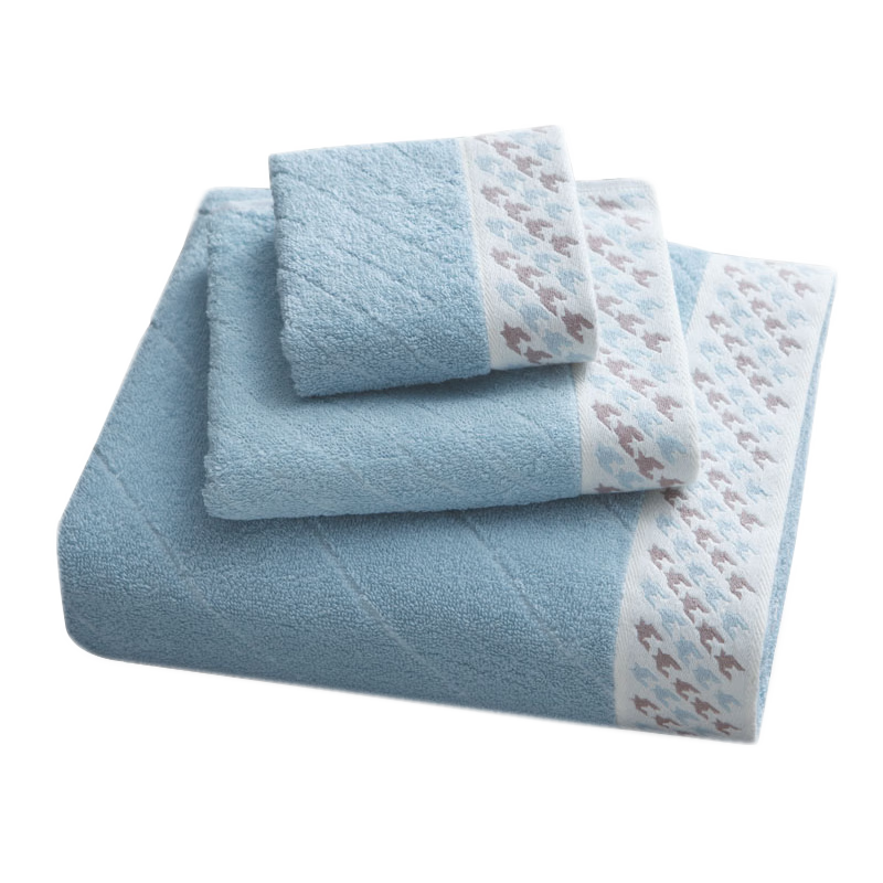 Grace Pure Cotton Jacquard Houndstooth Face Towel, Thickened Absorbent Bath Towel, Face Wipe, Cleansing Towel Set of Three Pieces, Blue