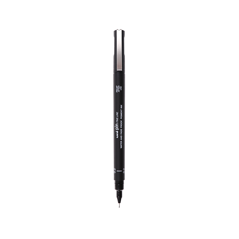 Uni Mitsubishi 0.2mm Water-Based Drawing Needle Pen, PIN-200 Art Design Outlining Pen, Black Barrel with Black Ink, Single Pe