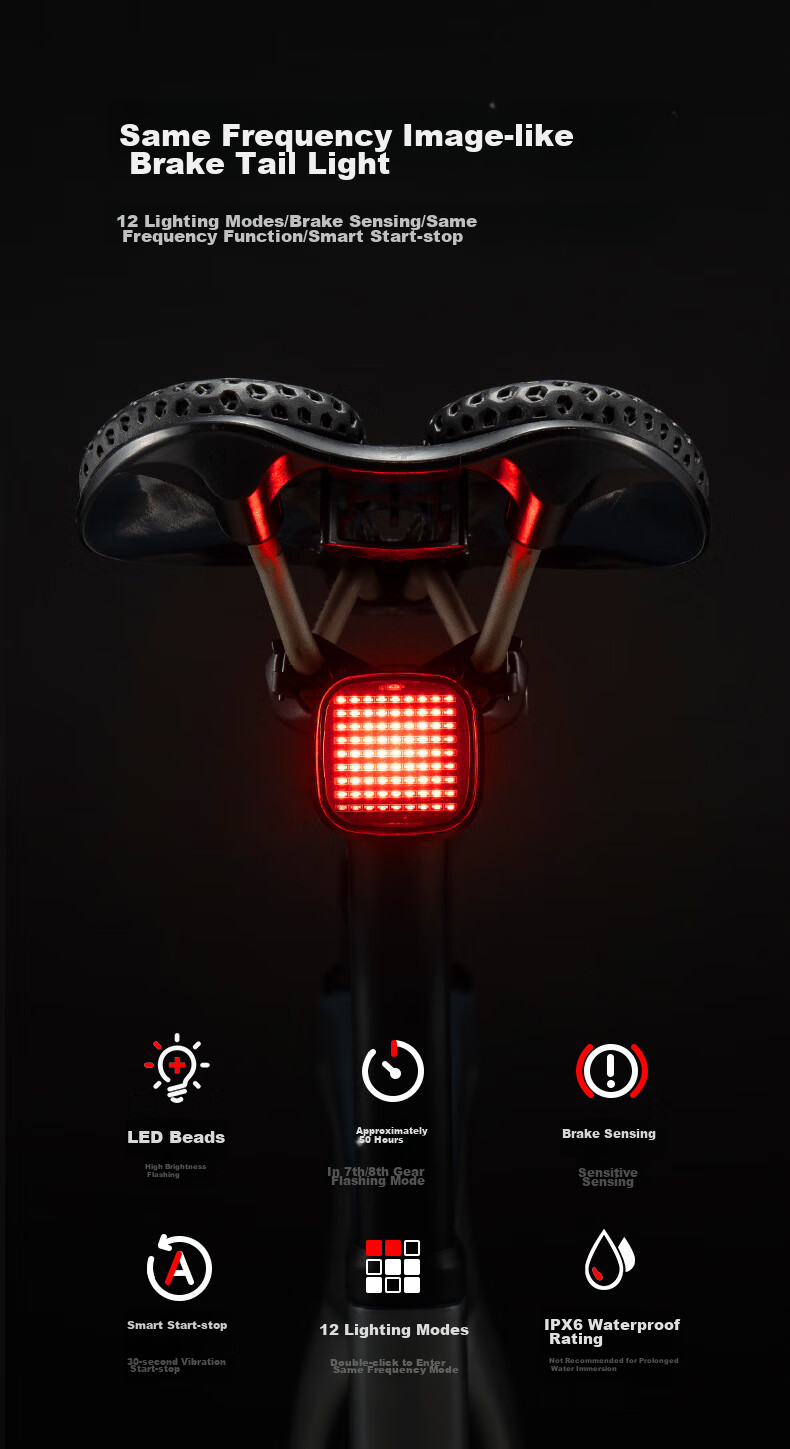 ROCKBROS Bicycle Taillight with Smart Frequency Matching And Brake Sensing, 12 Light Modes, Mountain And Road Bike Night Riding Equipment R7 1
