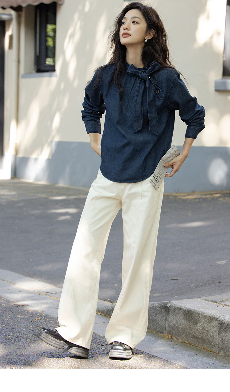 Dme [Strap Stand-Collar Shirt], Autumn Elegant Deep Blue Slanted Doorway Collar Niche Design Blouse for Wome 10