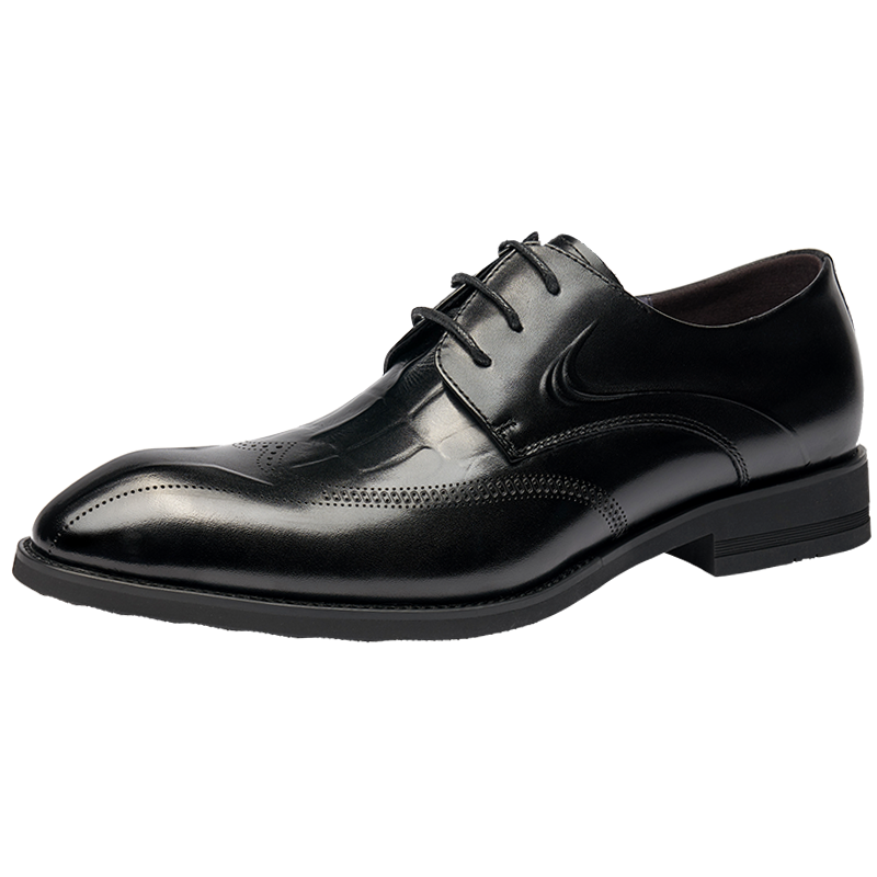 LAORENTOU Men's Leather Shoes, Crocodile Pattern Carved Design, Top-Grain Cowhide, Formal Business Shoes, 522010219, Black, Size 40