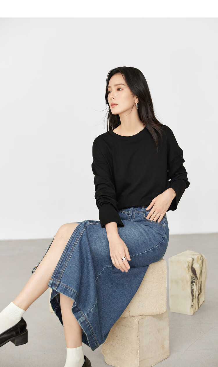 TUCANO Pure Cotton Long-Sleeve T-Shirt for Women, Base Layer, Autumn And Winter Style, Loose Casual Versatile Regular Shoulder Slimming Top, Black, S 14
