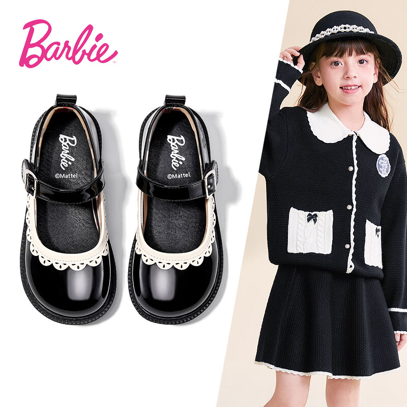 Barbie Children's Shoes Spring And Autumn Leather Shoes, British Style Princess Shoes, Performance Shoes, Academic Style Flats DA5825, Black, Size 26