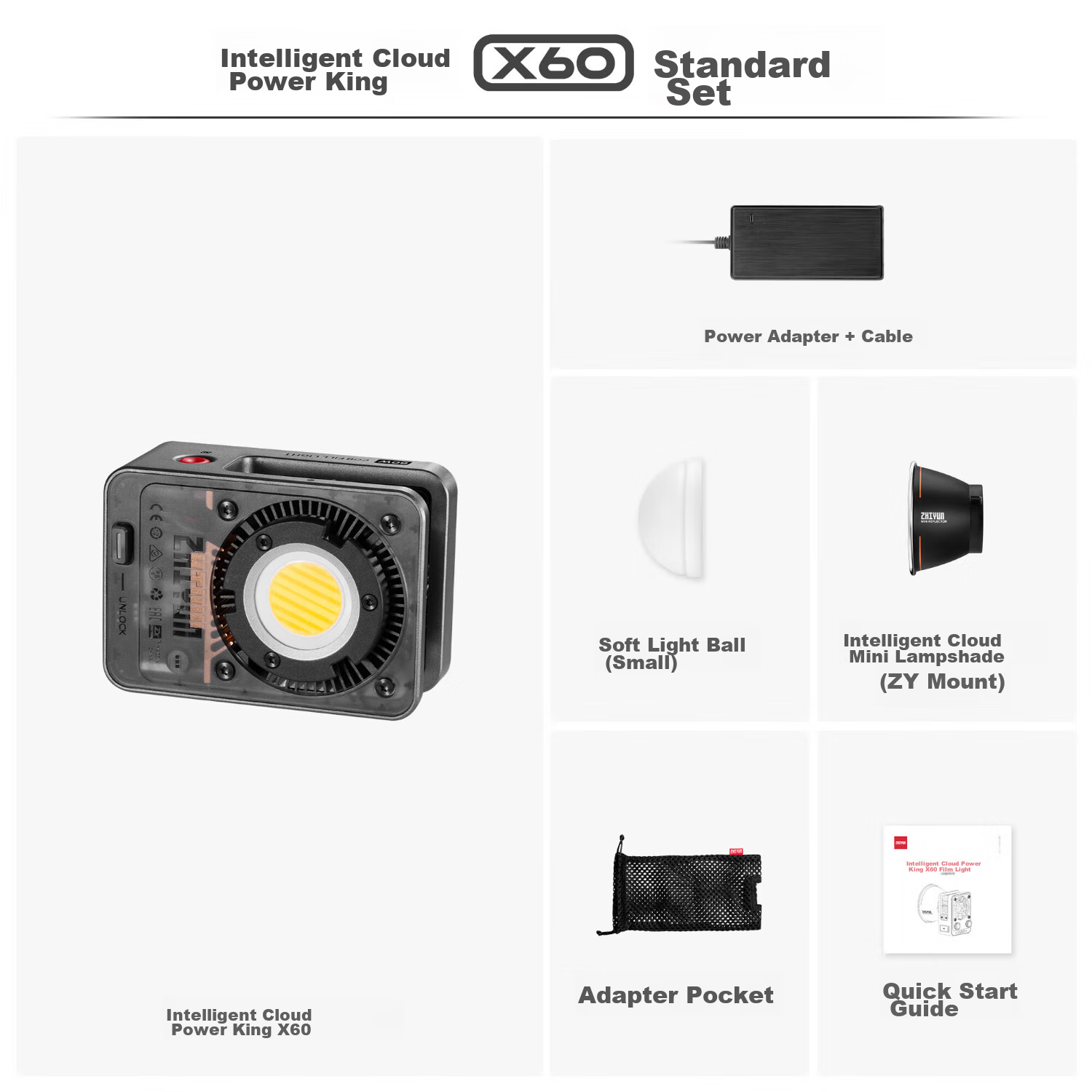 Zhiyun X60 Live Streaming Photography Light, 60W Professional Portable Fill Light, LED Phone And Camera Small Video Light, Indoor And Outdoor Shooting Constant Light, X60 Standard Configuratio
