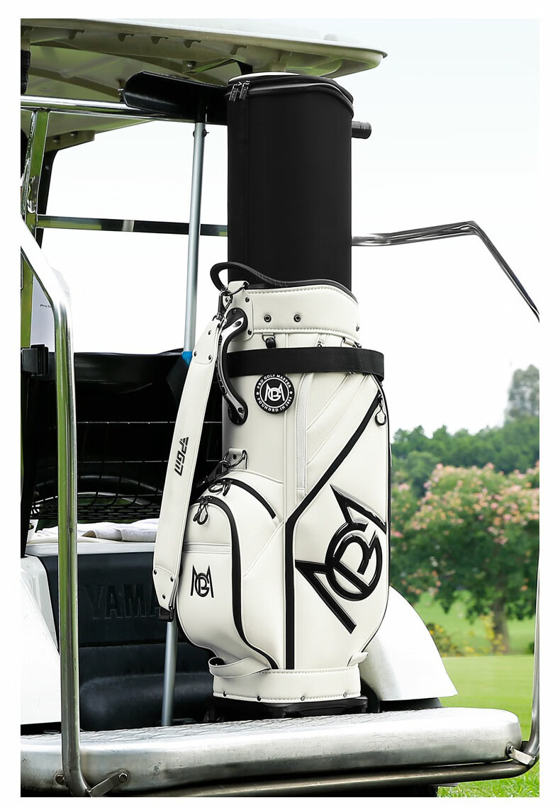 PGM Golf Bag, Hard Shell Expandable Bag, Four-Wheel Flat Push, Airline Carry-On, Reversing Golf Clubs, Soft Leather, Off-White Color 7