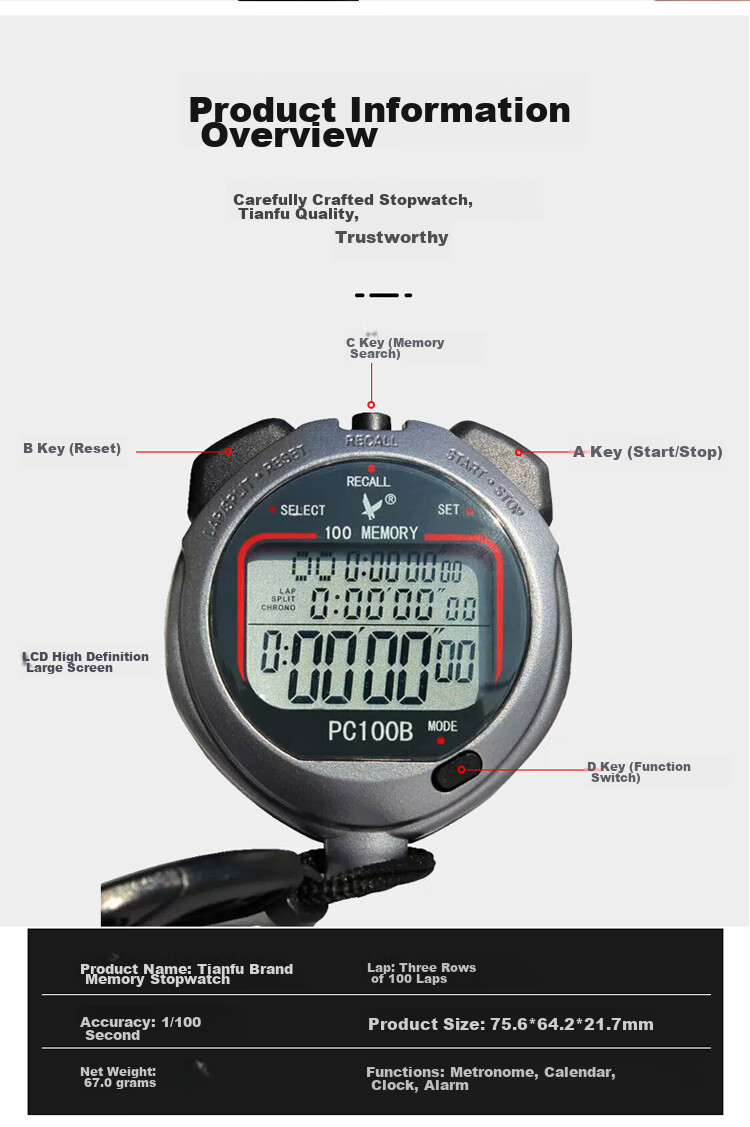 Tianfu Outdoor Stopwatch, Countdown Multifunctional Timer, Professional Competition Sports Memory Stopwatch, Three-Row 60-Lap PC960 6