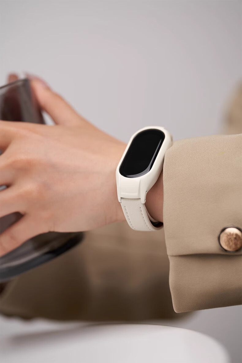CHENSONG Compatible NFC Strap for Xiaomi Band 8/9/10/11, Unisex Smart Fitness Tracker Foldable Magnetic Buckle Plain Leather Strap, Milk White 11
