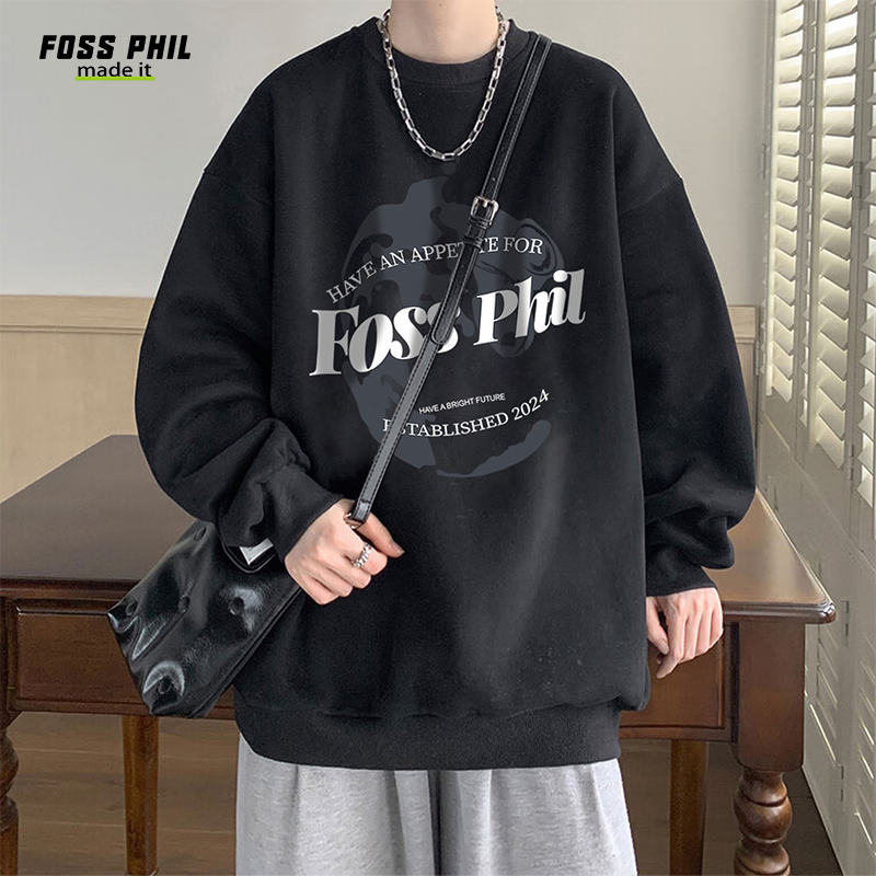 Foss Phil Men's Sweatshirt, Spring And Autumn Fashion Brand, Round Neck Printed Oversized Casual Long-Sleeve Undershirt, FPW1 Black L