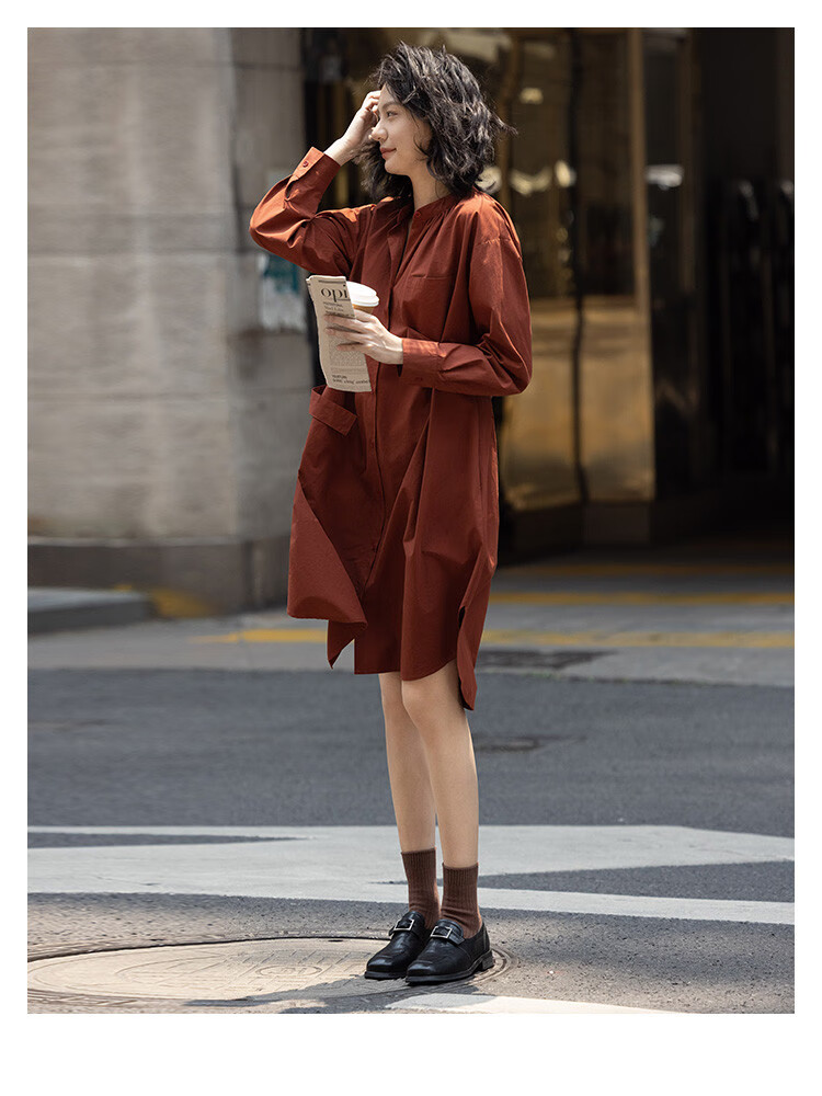 Dme Vintage Shirt Dress with Tie Waist, Niche Design, Loose-Fitting Slimming Dress, Rust Red, S 7