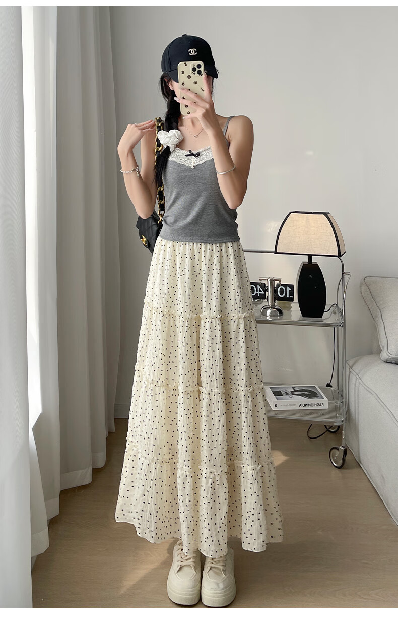 Langsha French Style White High-Waist Elastic Waist A-Line Polka Dot Long Skirt Japanese Style Cake Skirt for Women 2026 Summer 14