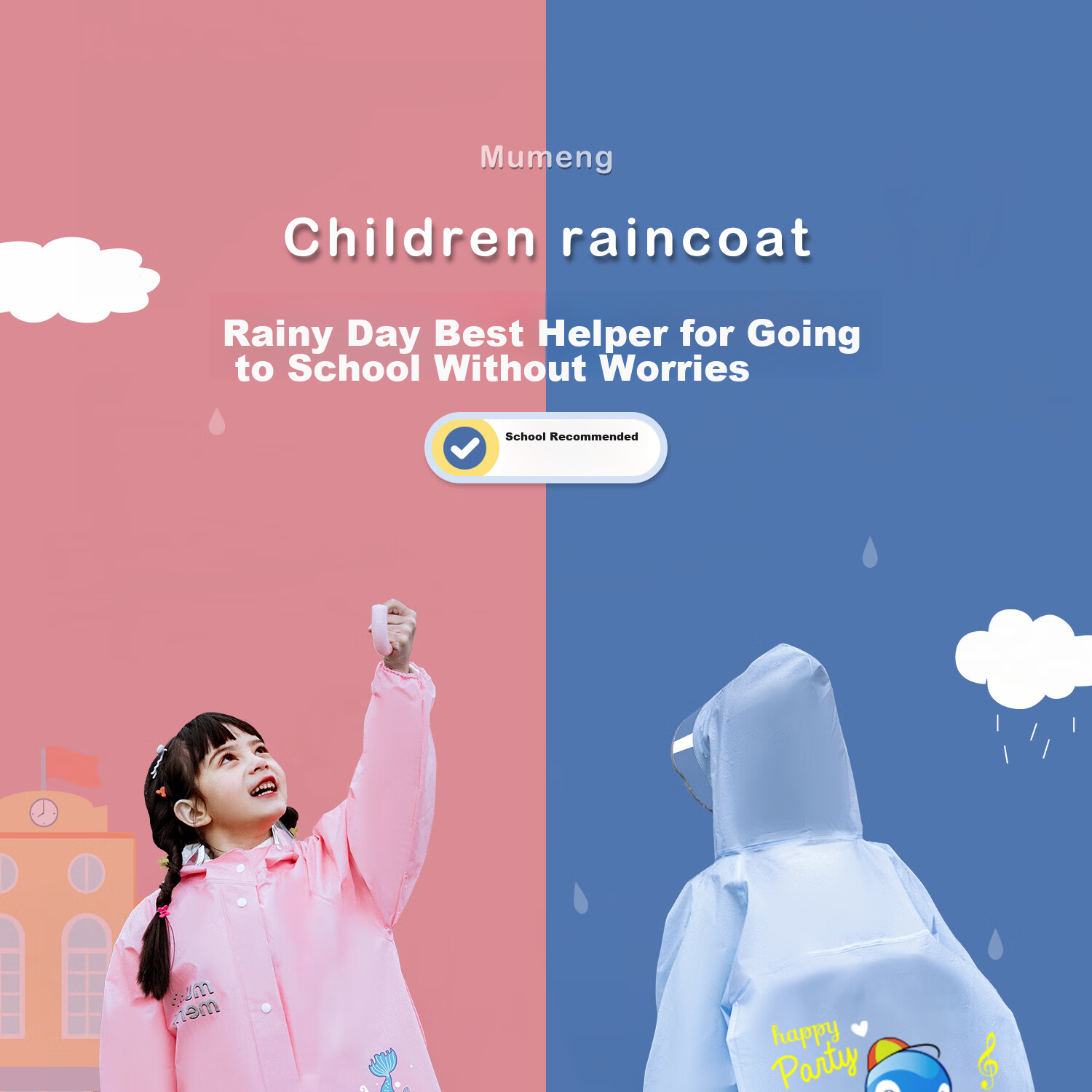 Moremerry Children's Raincoat for Boys And Girls, Full-Body Waterproof with Backpack Space, Elementary School Students' Specialized Rain Poncho, Little Dolphin Design, Size 3XL 1