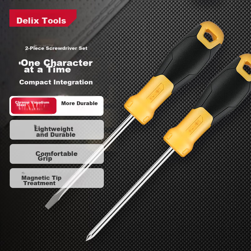 Deli Rubber Handle Screwdriver Set with Phillips And Flathead Bits, Magnetic Screwdriver Repair Tools, 2-Piece Set