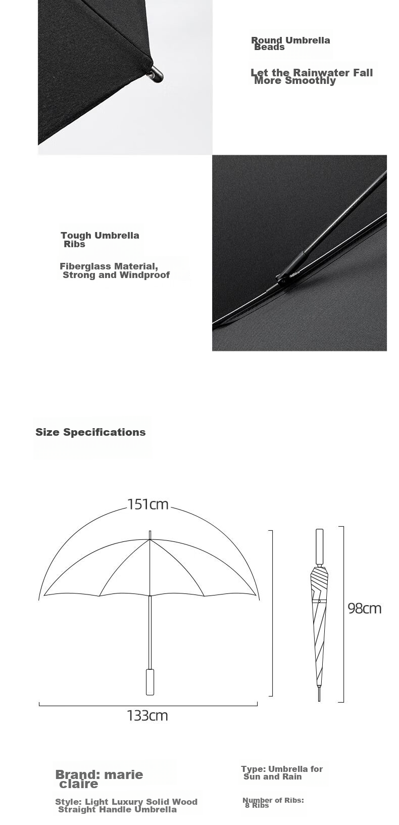 Marie Claire Oversized Umbrella, Straight Handle, Reinforced Windproof, Enlarged Double-Person Long Handle Umbrella, Straight Pole Umbrella for Business And Me 6