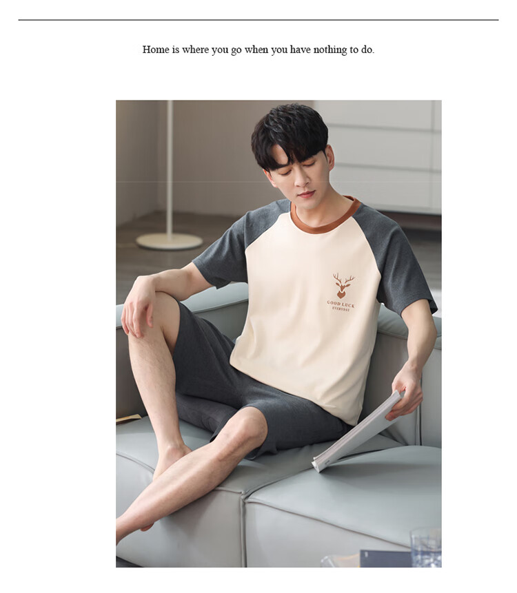 LangSha Couple's Pajamas for Men, Summer Thin Pure Cotton Wearable Short-Sleeve Korean-Style Home Wear Set, Deer Pattern Male Style, Size L 11