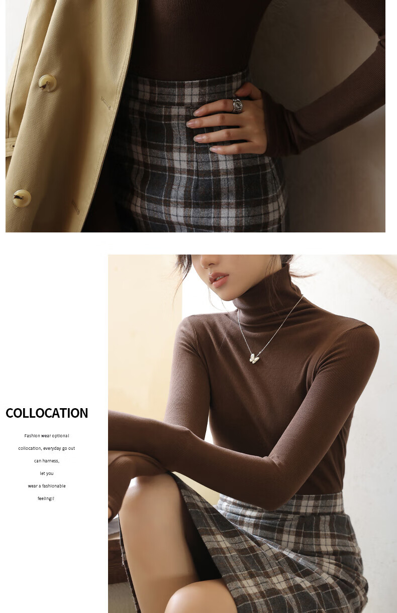 LangSha, De Rong Base Shirt, Ruched Turtleneck, Striped Inner Layer, Long-Sleeve Solid Color Autumn Shirt, Slim-Fit High-Elastic Base Underwear for Wome 9