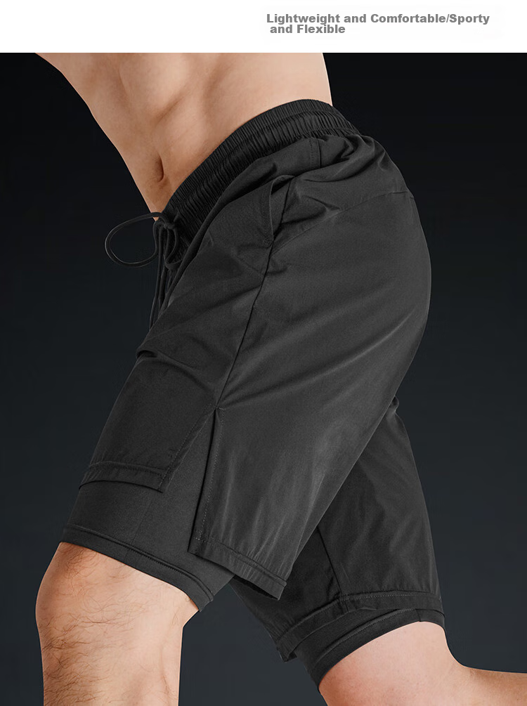 Fandimu Men's Sports Shorts, Marathon Running Black Double-Layered Inner Lining Fitness Hiking Quick-Dry Breathable Knee-Length Shorts 12