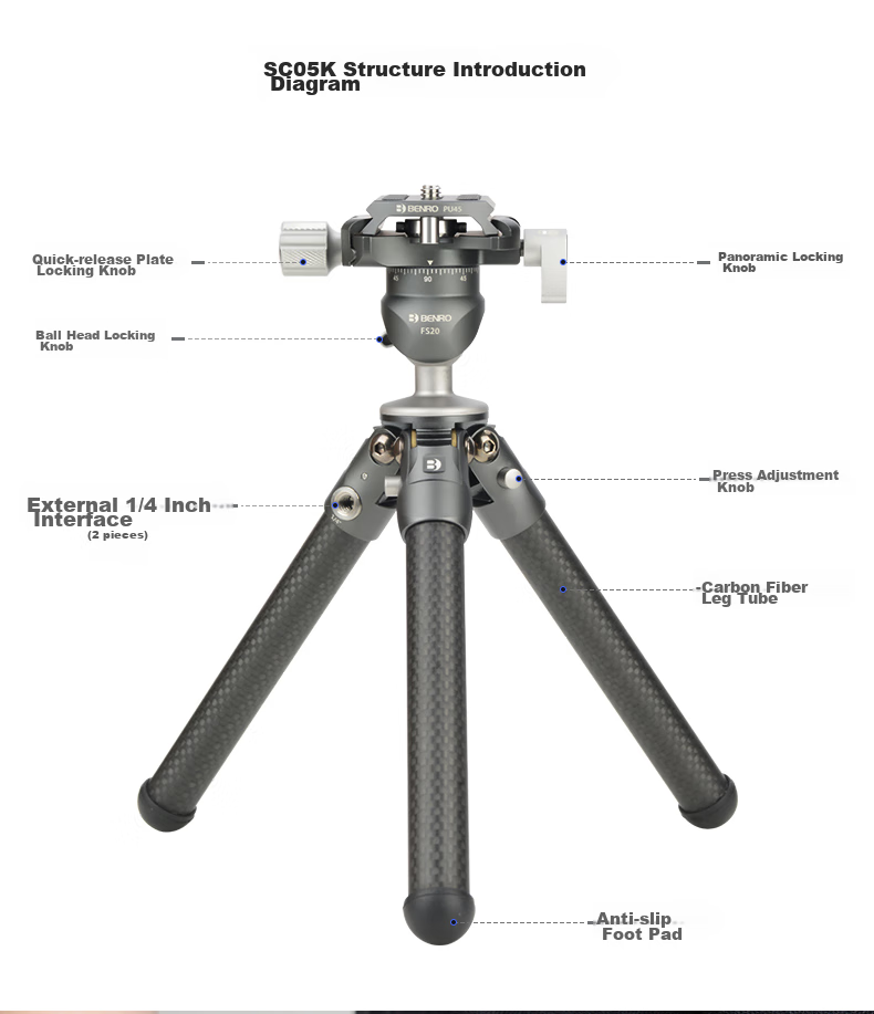 Benro SC05K Mini Professional Carbon Fiber Desktop Tripod, Macro Climbing DSLR Mirrorless Camera Lightweight Portable Gimbal Phone Clamp Vlog Tripod Kit 6