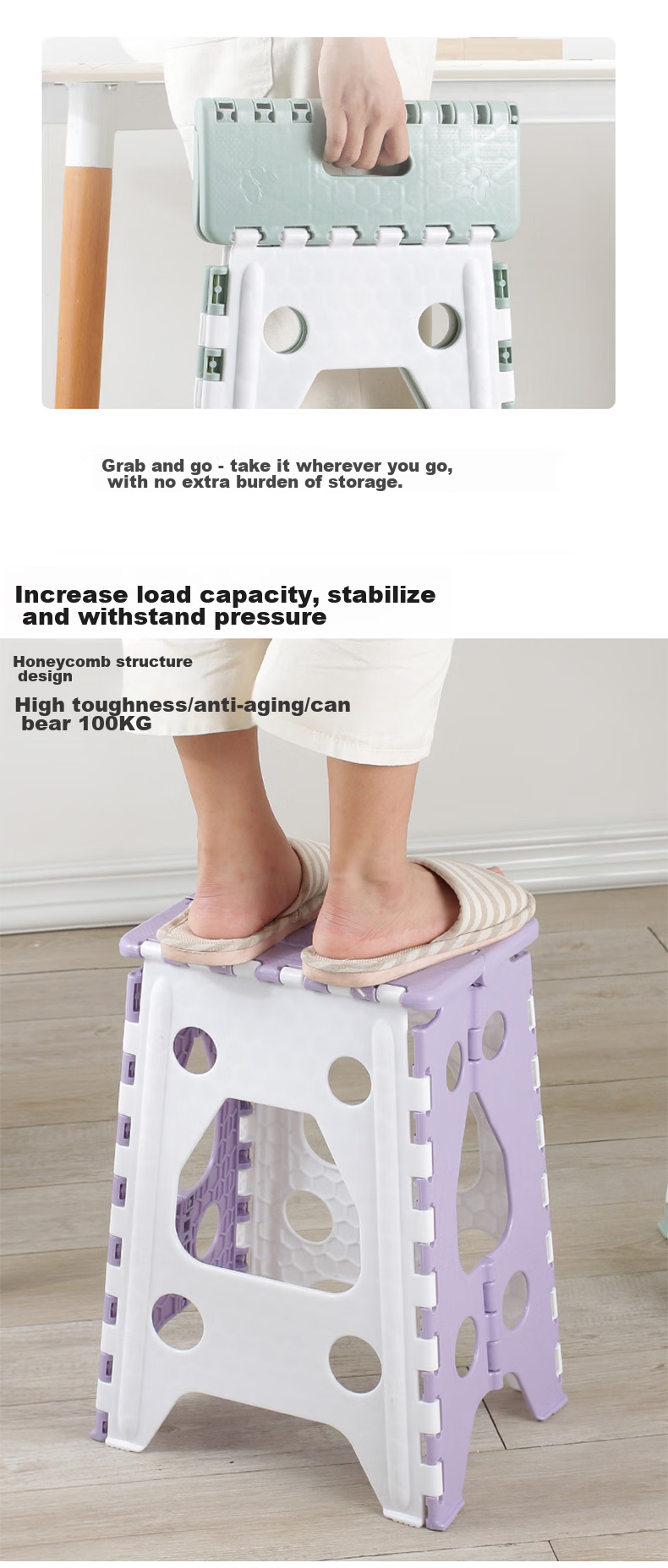Haoer Foldable Plastic Stool, Portable Outdoor Space-Saving High Stool, Maza Household Bench, Light White-Green, 1 Piece, Height 46cm 4