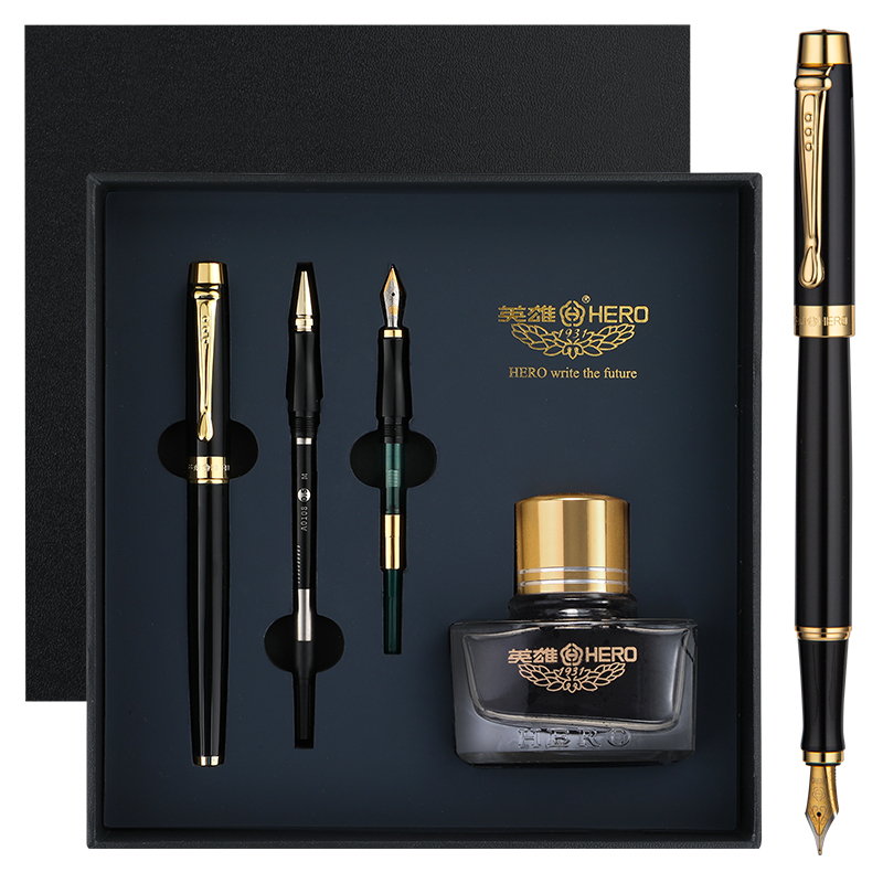 HERO Fountain Pen Gift Box, Shaohua Series, High-End Adult Calligraphy Business Signature Pen for Men, Students, Boys' Birthday Gift, Three-In Black