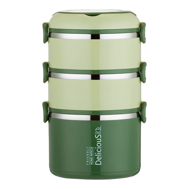 Beisesi 304 Stainless Steel Lunch Box, Three-Layer Large Capacity Insulated Lunch Box, Portable Handheld Food Container, 2.4L Green, Office Worker Meal Box