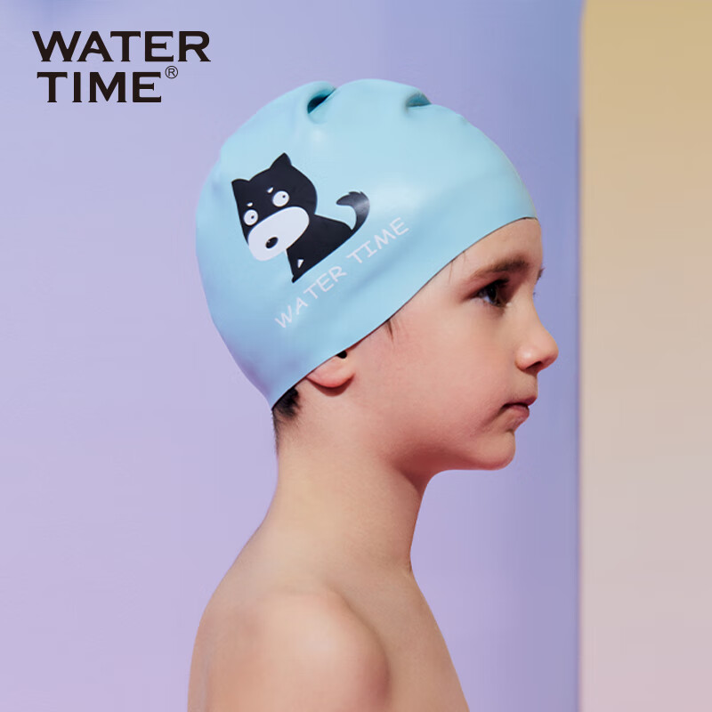 Детская шапочка для плавания WATERTIME / Shui Chuan, водонепроницаемая, из силикона, с защитой ушей, для длинных волос, с принтом "Маленький кот", голубая