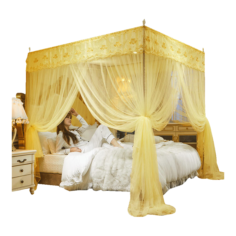 Grace Floor-Standing Palace-Style Mosquito Net for Home Bedroom, Three-Door Full Coverage Dustproof Anti-Mosquito Screen, Yellow, 2*2.2 Meters