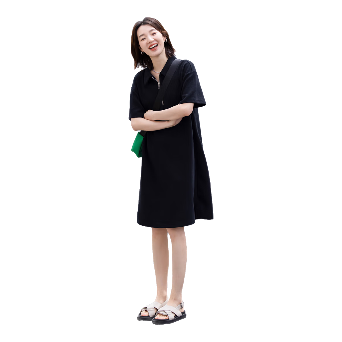 Dme [Waffle Skirt] Summer Polo Collar Zipper Short-Sleeve Waffle Dress