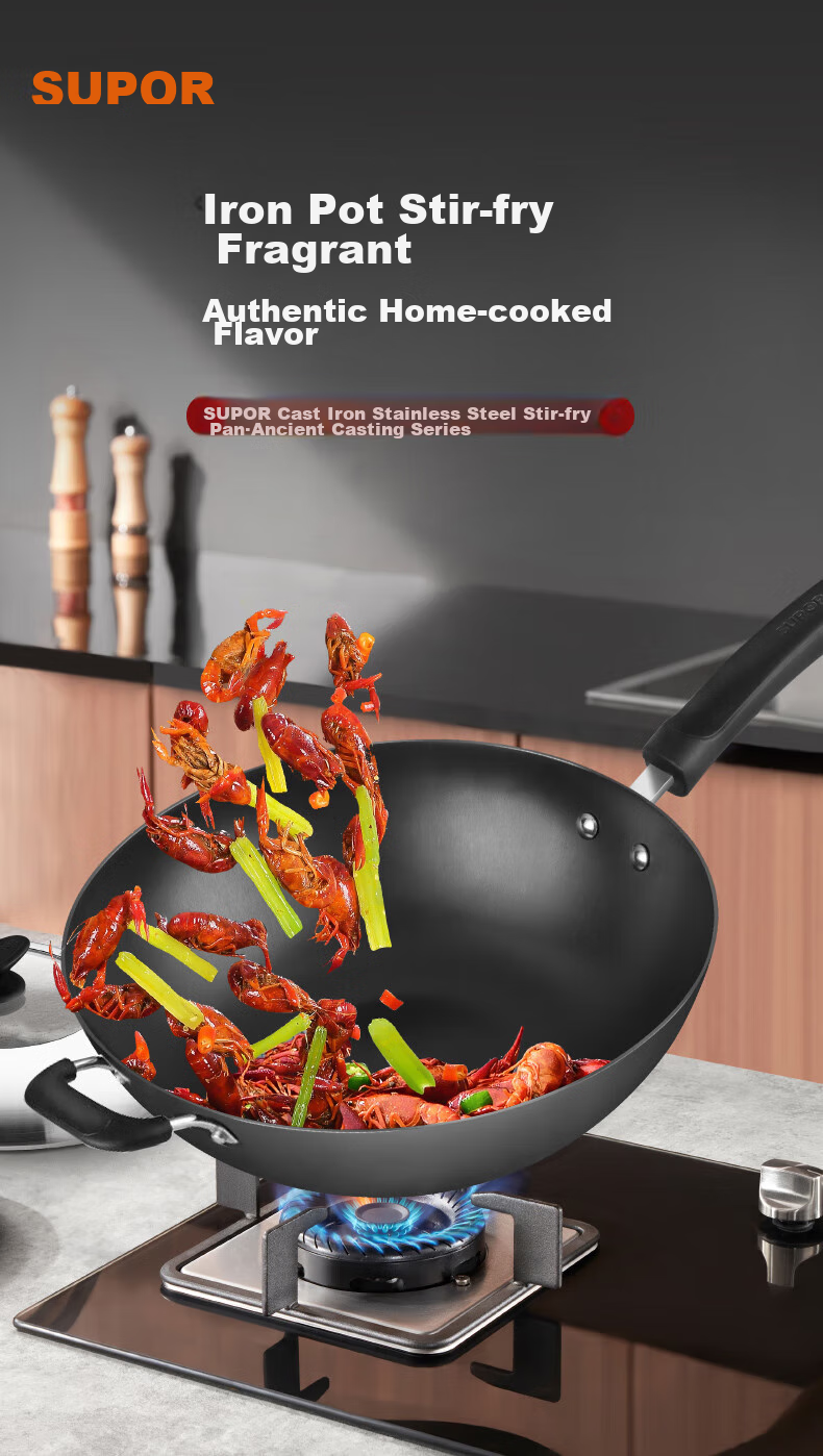 SUPOR Non-Coated Iron Wok, Stainless Steel Frying Pan, Compatible with Gas And Induction Stoves, Model FC32V3 1