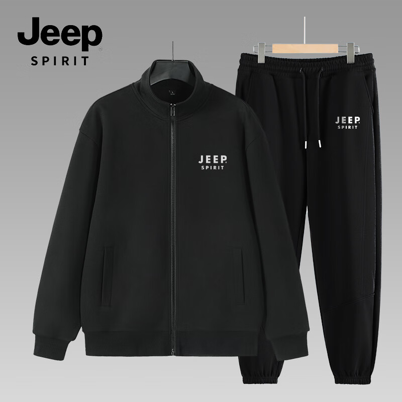 JEEP SPIRIT Men's Two-Piece Set for Autumn Wear, Loose-Fitting Stand-Collar Sweatshirt with Casual Pants, Athletic Running Outfit in Black, Slimming Effect 19