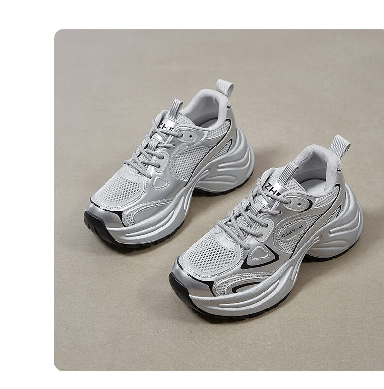 ZHR Dad Shoes for Women, Lightweight Soft Sole, Height-Increasing Casual Shoes, Sports Fashion Thick-Soled Women's Shoes, JT07, Silver Gray, Size 37 24