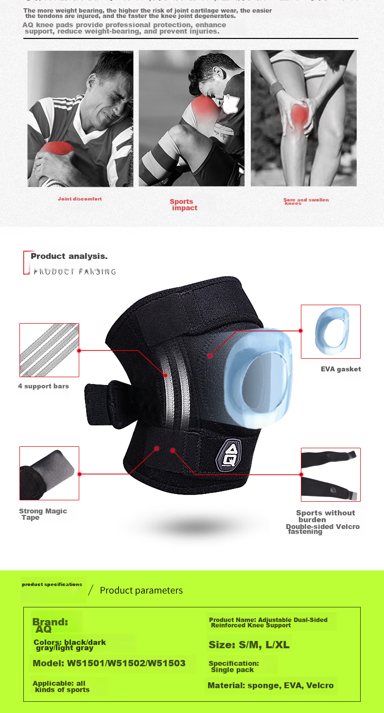 AQ Knee Brace for Sports, Running, Hiking, Badminton, Meniscus Protection, Joint Support, Single Piece, W51501S/M 3
