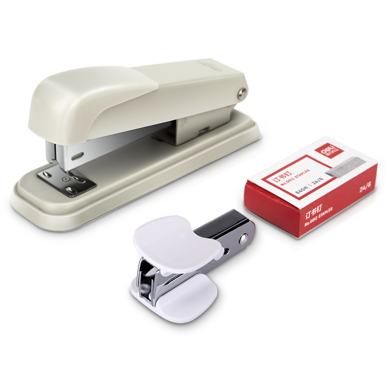 Deli Stapler Three-Piece Combination Set (Stapler, Staples, Staple Remover) Stapler, White 0359
