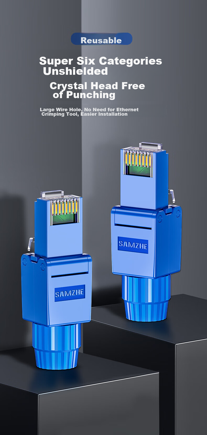 SAMZHE Cat6 Unshielded Tool-Free Crystal Head, Engineering Grade 8P8C Toolless RJ45 Ethernet Cable Connector, Tool-Free 10 Gigabit Network Connector, 2 Pieces MDSJ66 1