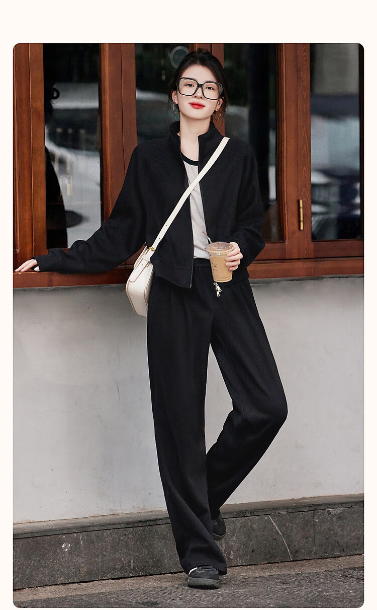 Dme [Wandering Outfit] Spring And Autumn Sporty Style Stand-Up Collar Double Zipper Long-Sleeve Top Casual Pants Women's Two-Piece Set 3
