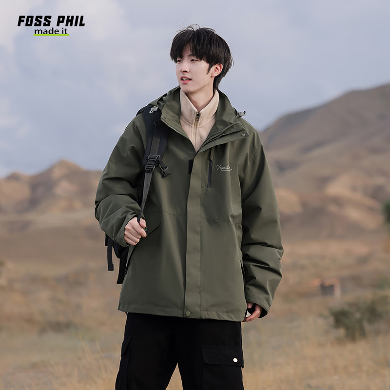 Foss Phil Men's Jacket, Spring And Autumn Outdoor Casual Windbreaker, Loose-Fitting Hooded Workwear Coat, FPJK1, Olive Green, Size L