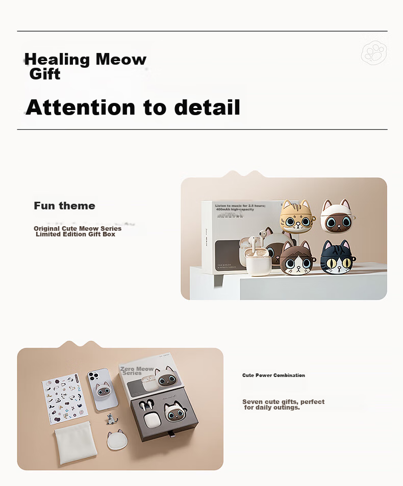 Manbuzhehuazai Zero Miao Series Limited Edition Gift Box, True Wireless Bluetooth Earphones, Semi In-Ear Headphones, Boodle Cat 14