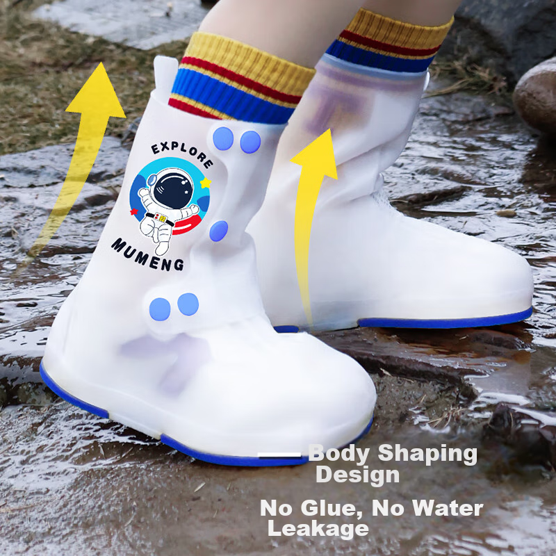 Moremerry Children's Rain Shoe Covers, Boys And Girls Wear-Resistant Waterproof Non-Slip Water Shoes, Student Mid-High Rain Boots, Astronaut Design, Size L