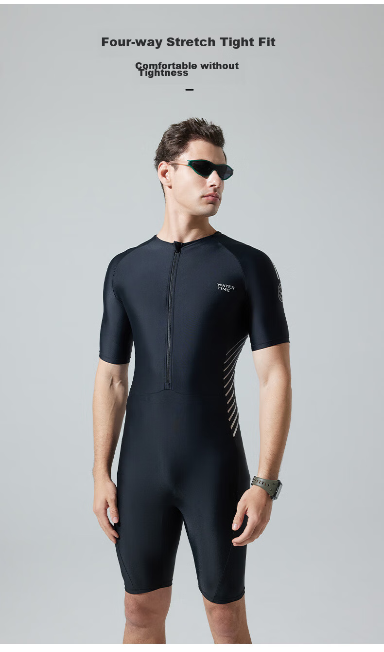 WATERTIME / Shuichuan Men's One-Piece Swimsuit with Short Sleeves, Knee-Length Diving Suit, Swimming Trunks, Black And Silver, Size M 4