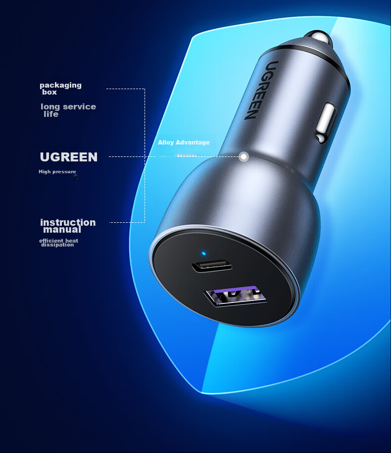 UGREEN Car Charger Super Fast Charging Dual Port 60W Cigarette Lighter Charger Adapter Plug One-To PD30W Compatible with Apple 18 Pro Max, Huawei, Xiaomi 13