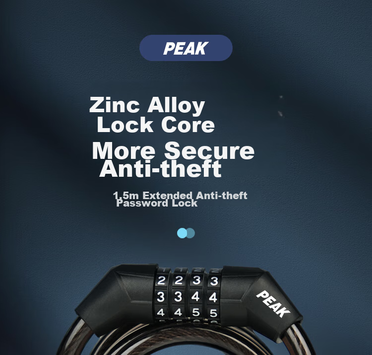 PEAK Bicycle Lock, Combination Lock, Steel Cable Anti-Theft, for Electric Bikes, Road Bikes, Mountain Bikes, Bicycle Lock, Extended to 1.5 Meters 1