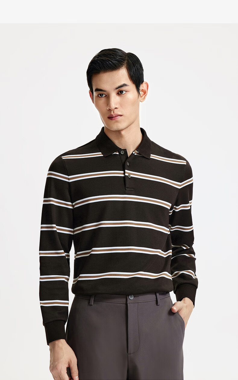 Goldlion High Cotton Content 24 Autumn Winter Comfortable Fashion Business Striped Long Sleeve Polo Shirt Men Brown-57 XXL 7