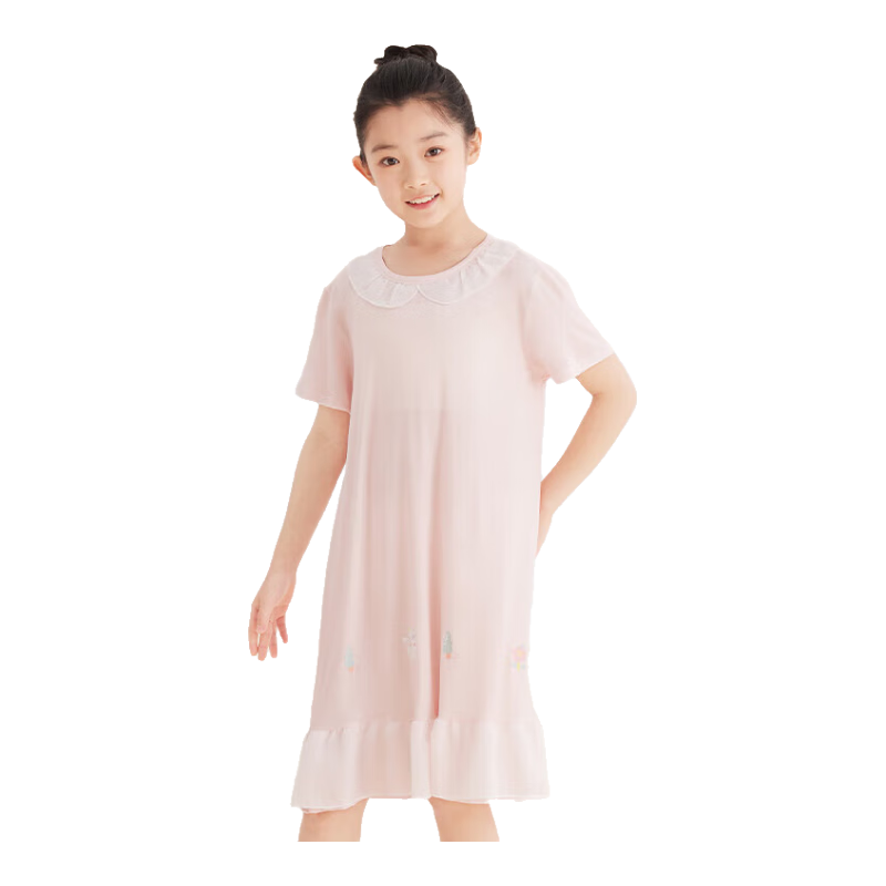 Hodo Children's Pajamas, Girls' Nightgown, Short-Sleeve Loungewear for Spring And Summer, Thin Silk Princess Dress Q3016 Light Pink 120