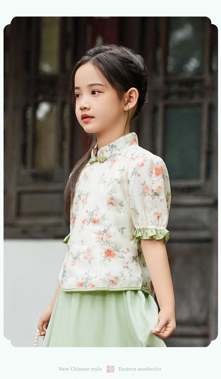 YEEHOO Children's Hanfu Girls' New Chinese-Style Blouse, Big Kids' Short-Sleeve Improved National Style Frog Button Top, Orange, Size 165 10