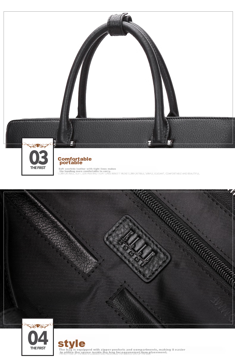 ELLE HOMME Men's Business Briefcase, Handheld Work Bag Horizontal Style Top Layer Cowhide Laptop Bag Large Capacity Fashionable Men's Bag EA888200411 Black 13