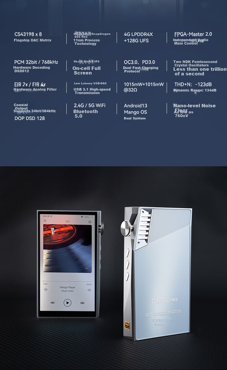 IBasso DX260MK2, HIFI Android Audiophile-Grade Decoder, DSD Lossless Music Player, MP3 Silver Blue 2