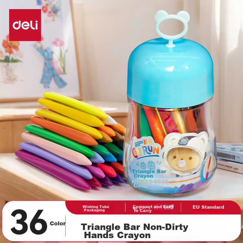 Deli 36 Colors (Blue), Triangular Handle, Non-Staining Double-Ended Crayons, Washable Children's Oil Pastels, Coloring Pens, HM715-36 Art Education Tools, Graduation Gift for Boys And Girls