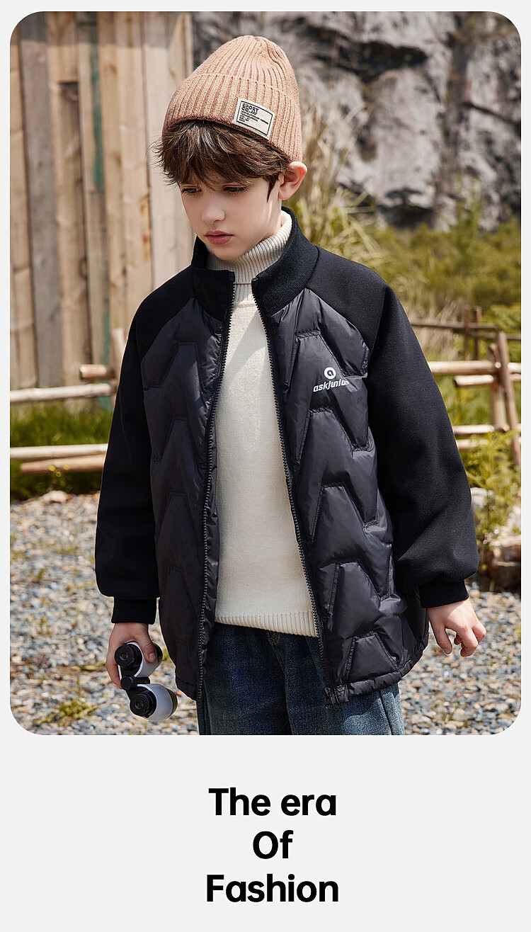 ASK JUNIOR Boys' Down Jacket Autumn Winter Warm 90% Down Raglan Sleeve Zip-up Coat Black 160cm 14